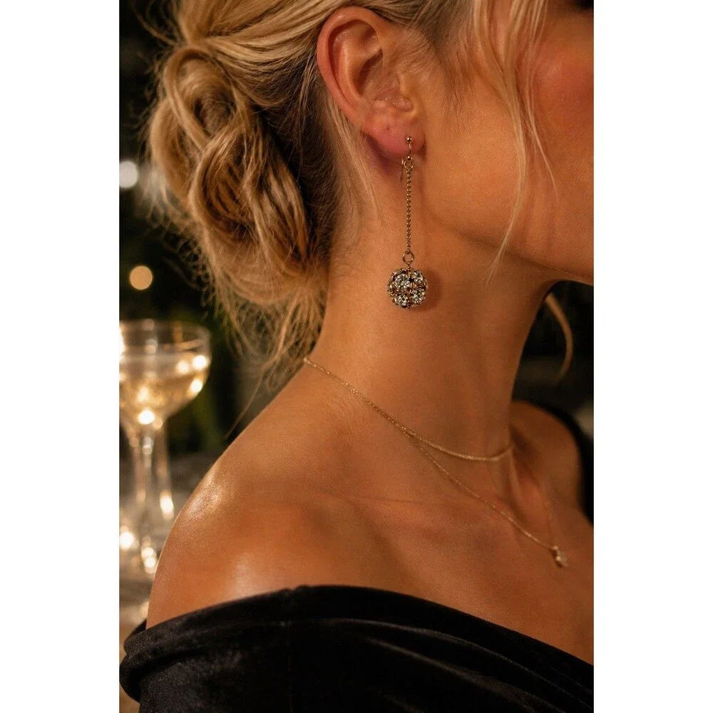 Vintage Rhinestone Ball Dangle Earrings Gold Tone Long Chain Shoulder Dusters